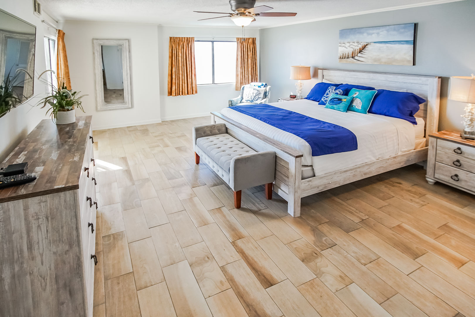 An airy master bedroom at VRI's Shoreline Towers in Gulf Shores, Alabama.
